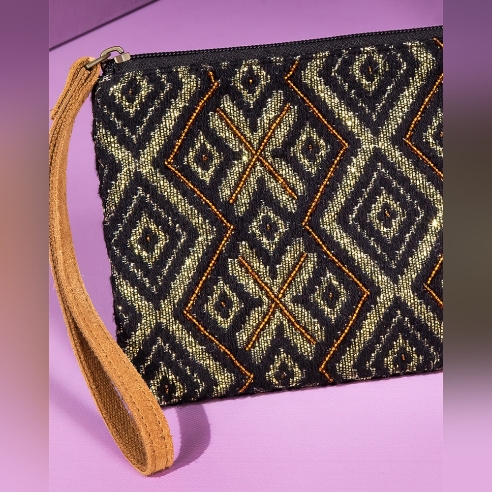 Handmade Hand Beaded Wristlet Clutch - Ethnic Inspired Design - Dyed Fine Cotton - Picture 6 of 7